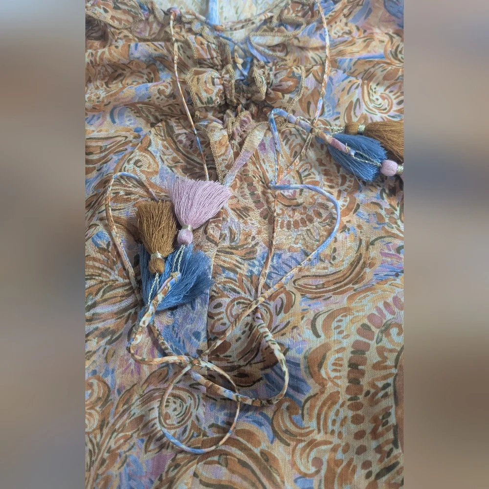 Democracy Womens Yellow Brown Paisley Sheer Peasant Top + Blouse Size L $88 EUC - Picture 9 of 13